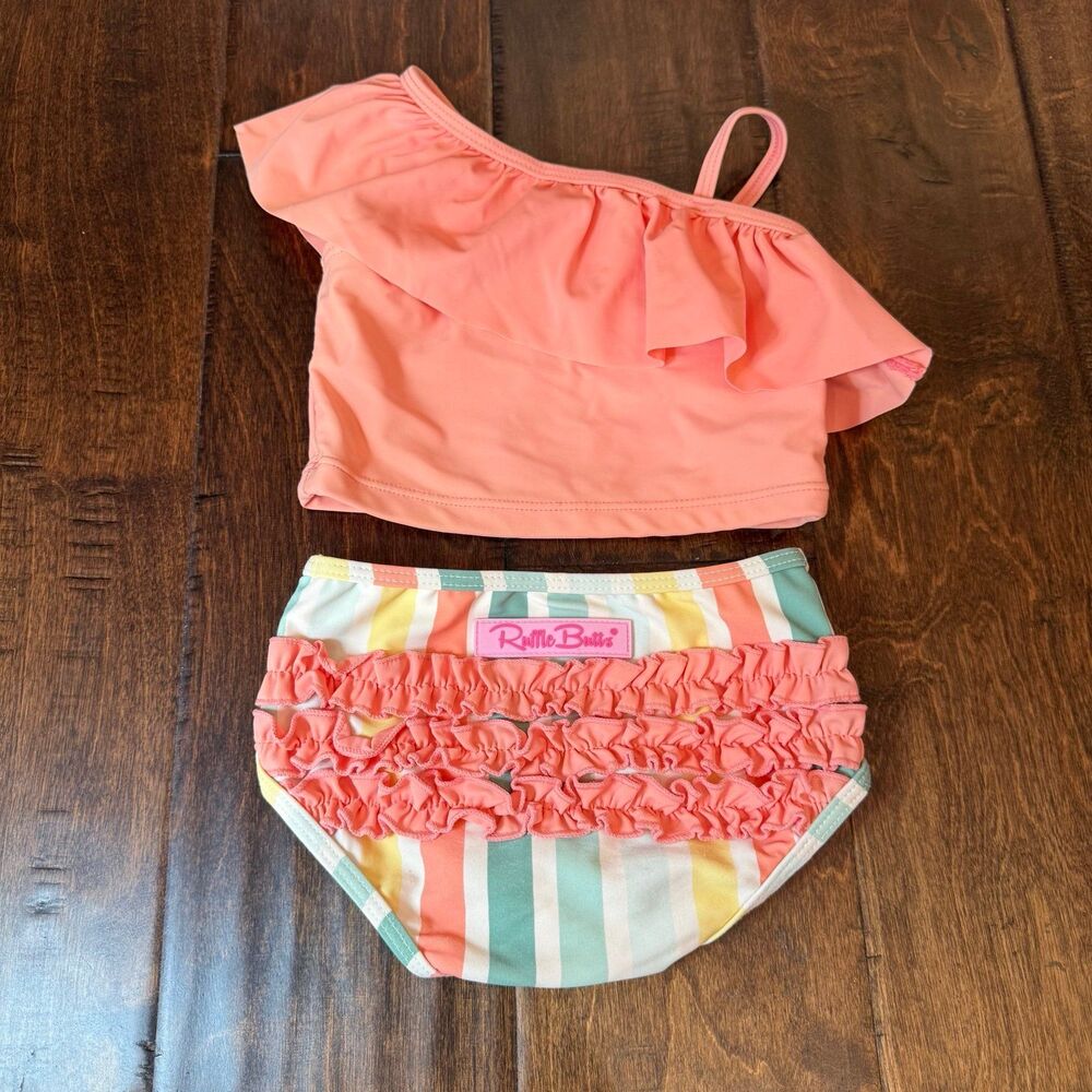 Rufflebutts Saltwater Stripe Coral Ruffle Tankini Swim Baby size 12-18 Months